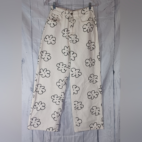 Denim - Floral Print Off White Boho Jeans